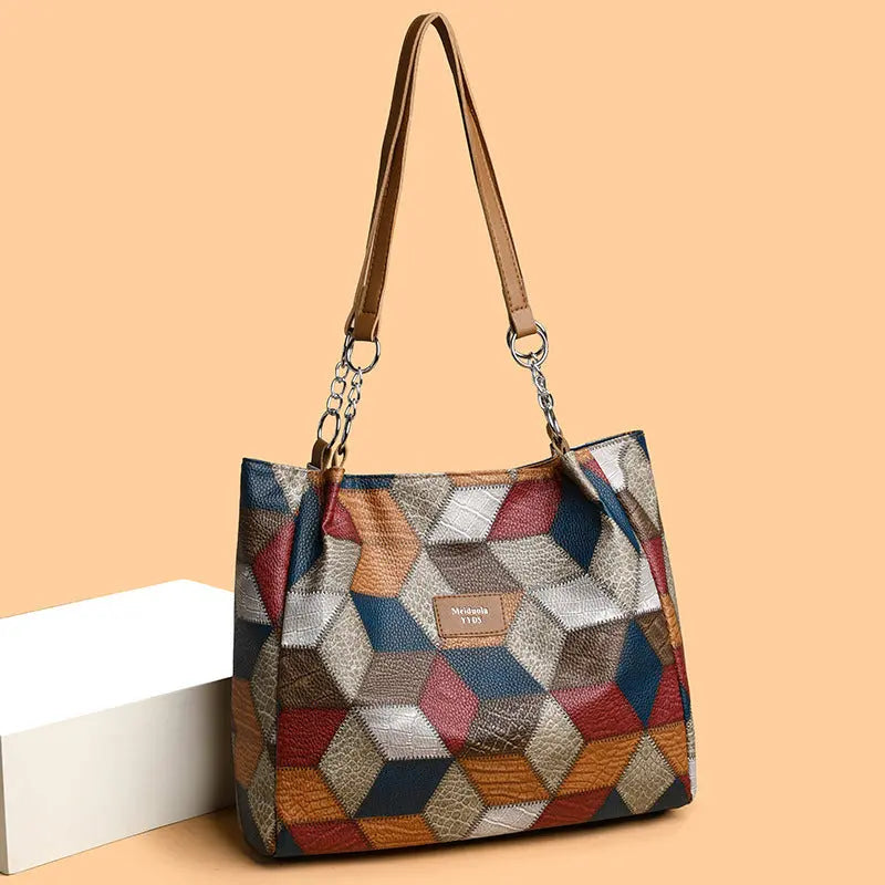 Retro Geometric Pattern Color-matching Shoulder Bag Fashion Large Capacity Stitching Handbag For Women Totes - Pre2brand