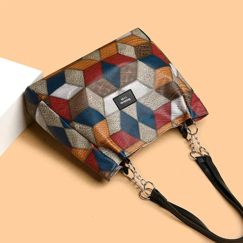 Retro Geometric Pattern Color-matching Shoulder Bag Fashion Large Capacity Stitching Handbag For Women Totes - Pre2brand