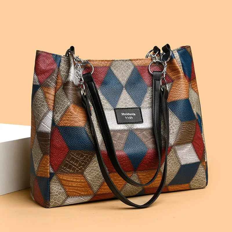 Retro Geometric Pattern Color-matching Shoulder Bag Fashion Large Capacity Stitching Handbag For Women Totes - Pre2brand