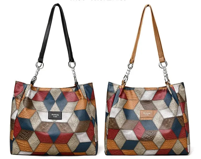 Retro Geometric Pattern Color-matching Shoulder Bag Fashion Large Capacity Stitching Handbag For Women Totes - Pre2brand