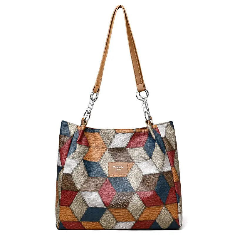 Retro Geometric Pattern Color-matching Shoulder Bag Fashion Large Capacity Stitching Handbag For Women Totes - Pre2brand