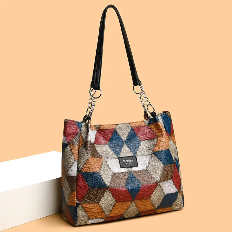 Retro Geometric Pattern Color-matching Shoulder Bag Fashion Large Capacity Stitching Handbag For Women Totes - Pre2brand