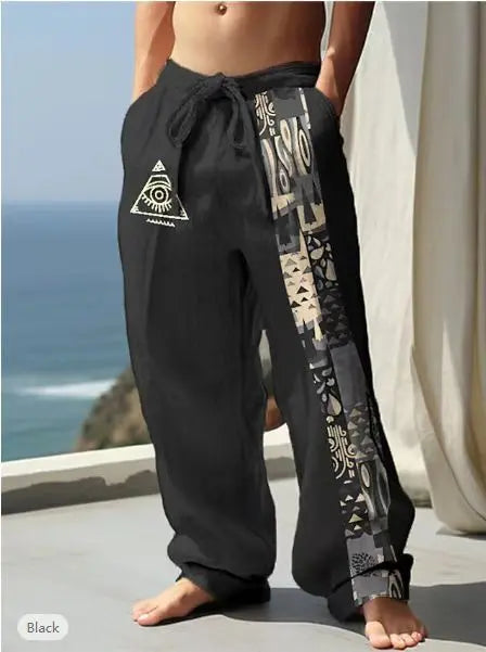 Retro Printed Loose Casual Straight Trousers  Pre2brand Black-XXXL