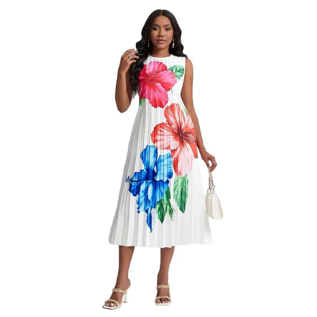 Round Neck Sleeveless Pleated Temperament Sexy Dress  Pre2brand White-XXL