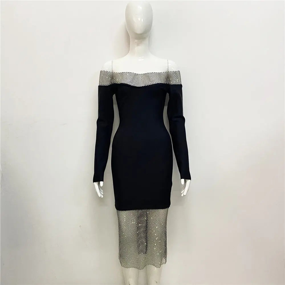 Sexy Women Clothing New Off-shoulder Long Sleeve Mesh Diamond-embedded Party Bandage One-piece Dress  Pre2brand Black-L