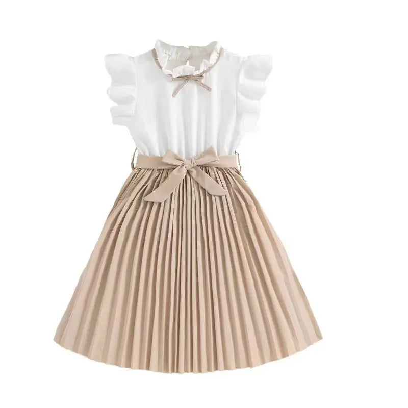 Short Sleeve Waist-controlled Sweet Sleeveless Pleated Skirt  Pre2brand Caramel-Color-160cm