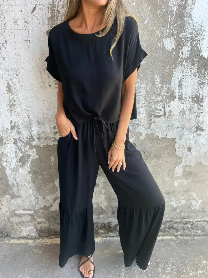 Short-sleeved Suit Summer Round Neck Pullover Top And Drawstring Wide-leg Pants Fashion Set For Women Clothing  Pre2brand Black-3XL