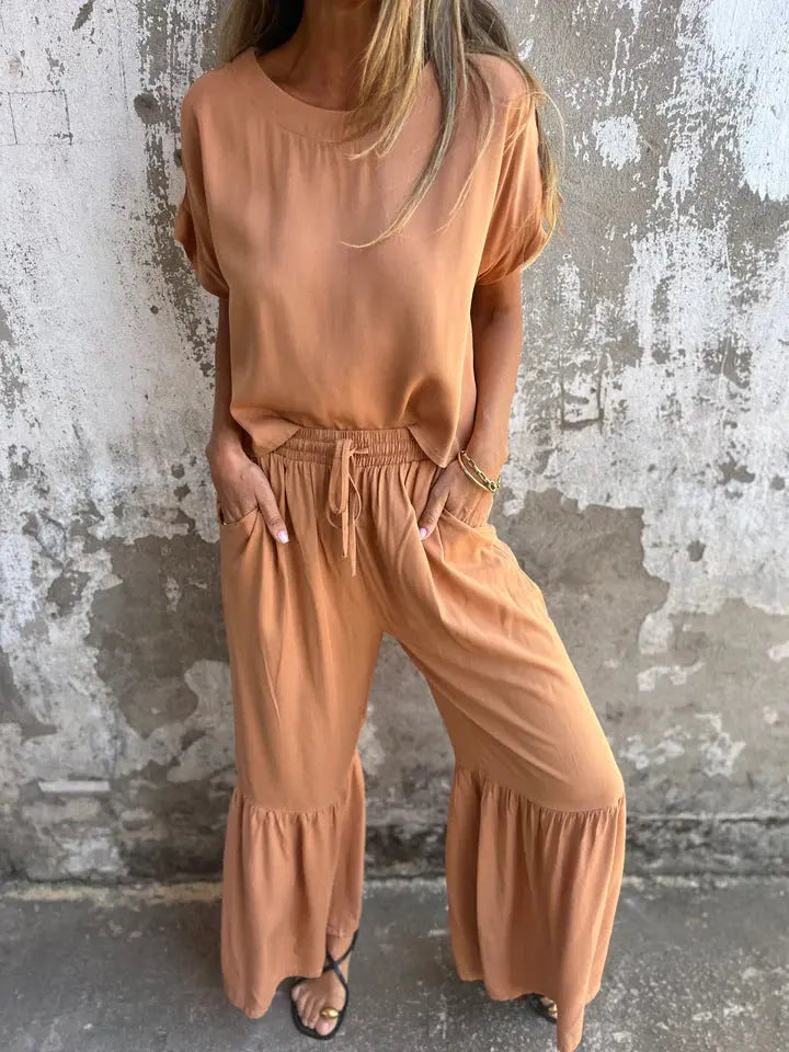 Short-sleeved Suit Summer Round Neck Pullover Top And Drawstring Wide-leg Pants Fashion Set For Women Clothing  Pre2brand Orange-3XL