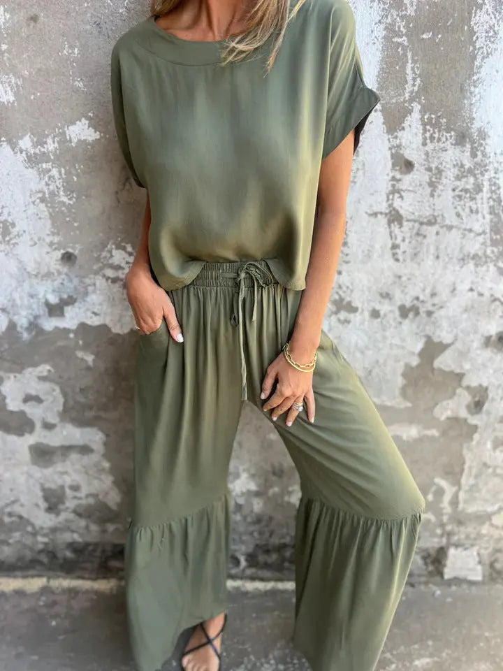 Short-sleeved Suit Summer Round Neck Pullover Top And Drawstring Wide-leg Pants Fashion Set For Women Clothing  Pre2brand Army-Green-3XL