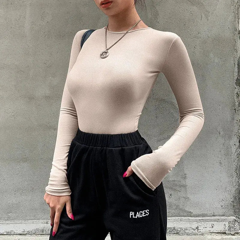 Slim Ladies Sexy Bodysuit Solid Fashion Skinny Bodycon Women Bodysuit Long Sleeveles O-Neck Casual Black Beige Female Bodysuit - Pre2brand