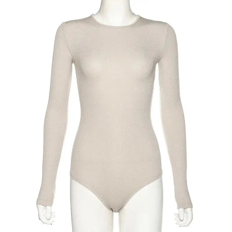 Slim Ladies Sexy Bodysuit Solid Fashion Skinny Bodycon Women Bodysuit Long Sleeveles O-Neck Casual Black Beige Female Bodysuit - Pre2brand