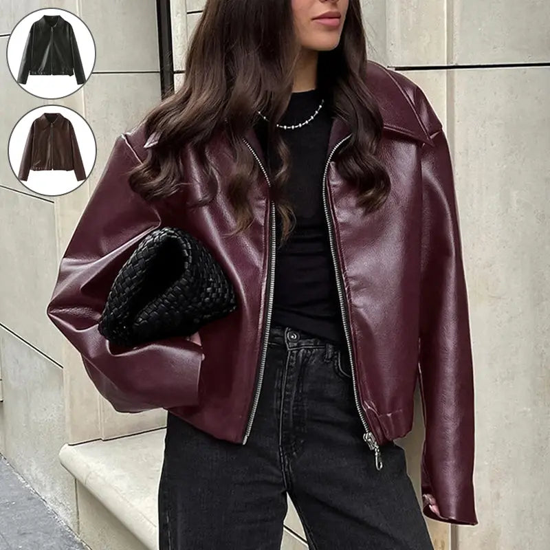 Solid Color Lapel Zipper Jacket Fashion Casual Long Sleeve Leather Coat Tops Women Clothing - Pre2brand