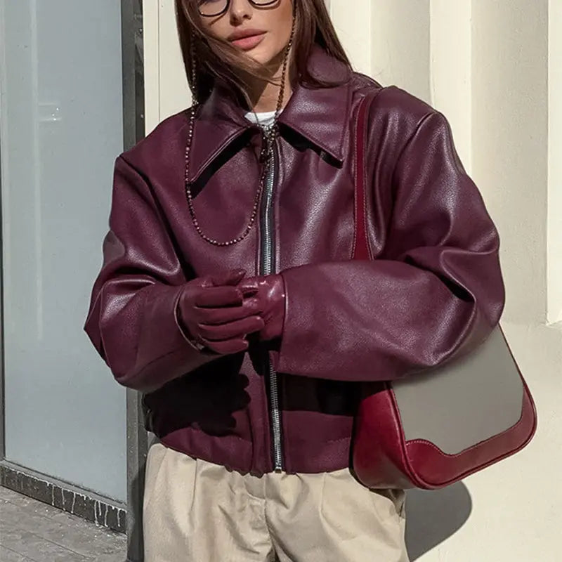 Solid Color Lapel Zipper Jacket Fashion Casual Long Sleeve Leather Coat Tops Women Clothing - Pre2brand