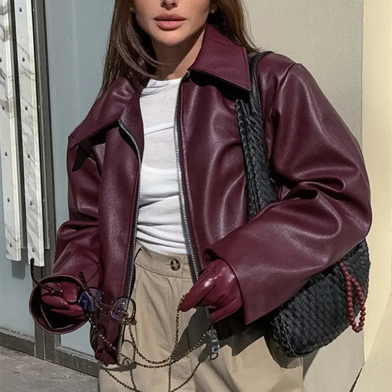 Solid Color Lapel Zipper Jacket Fashion Casual Long Sleeve Leather Coat Tops Women Clothing - Pre2brand