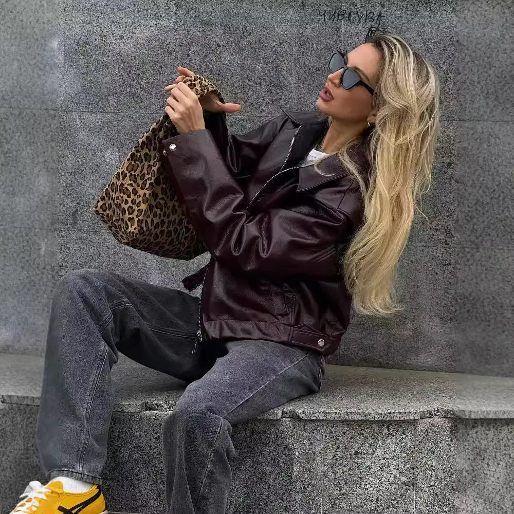 Solid Color Lapel Zipper Jacket Fashion Casual Long Sleeve Leather Coat Tops Women Clothing - Pre2brand