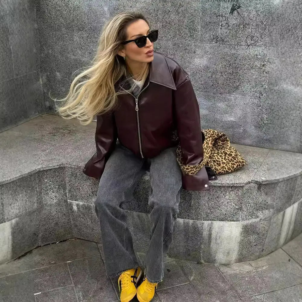 Solid Color Lapel Zipper Jacket Fashion Casual Long Sleeve Leather Coat Tops Women Clothing - Pre2brand
