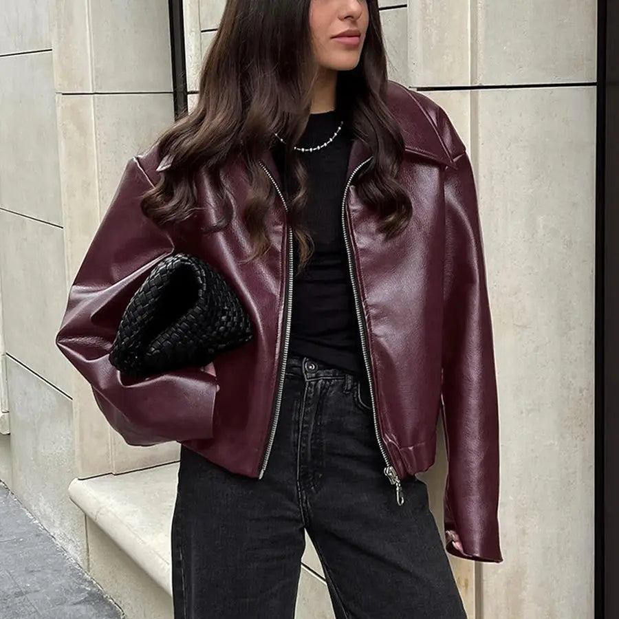 Solid Color Lapel Zipper Jacket Fashion Casual Long Sleeve Leather Coat Tops Women Clothing - Pre2brand