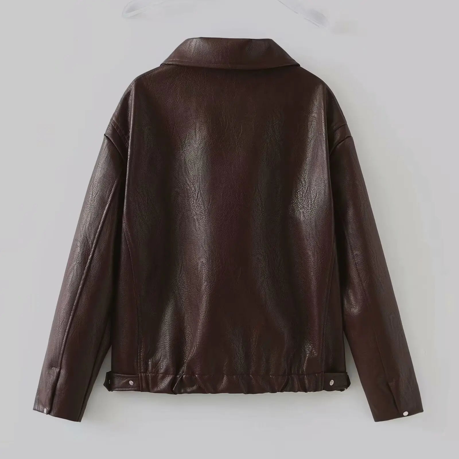 Solid Color Lapel Zipper Jacket Fashion Casual Long Sleeve Leather Coat Tops Women Clothing - Pre2brand