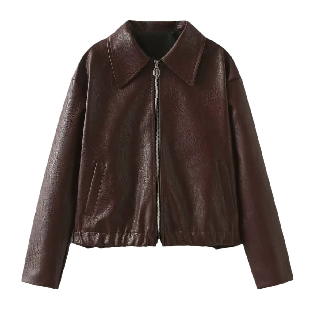 Solid Color Lapel Zipper Jacket Fashion Casual Long Sleeve Leather Coat Tops Women Clothing - Pre2brand
