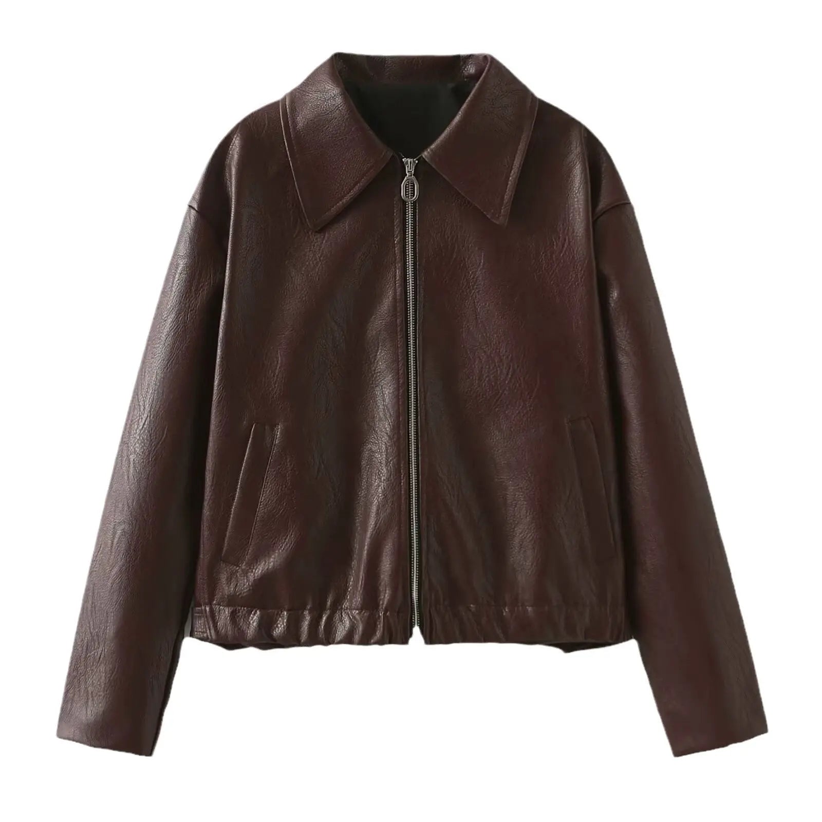 Solid Color Lapel Zipper Jacket Fashion Casual Long Sleeve Leather Coat Tops Women Clothing - Pre2brand