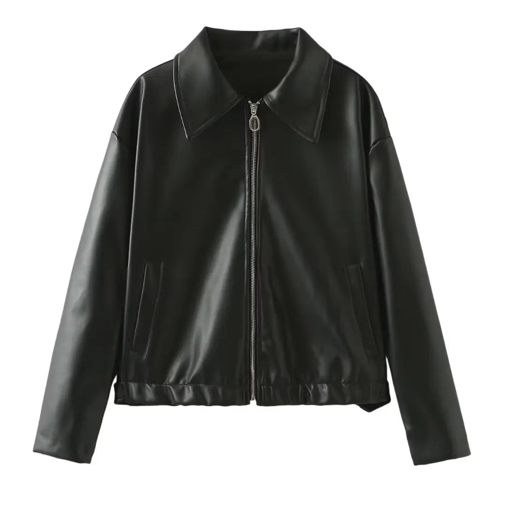 Solid Color Lapel Zipper Jacket Fashion Casual Long Sleeve Leather Coat Tops Women Clothing - Pre2brand