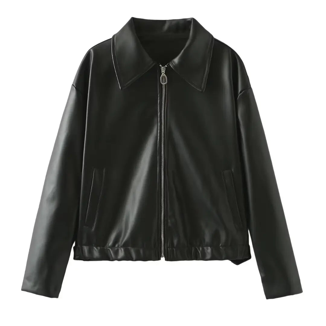 Solid Color Lapel Zipper Jacket Fashion Casual Long Sleeve Leather Coat Tops Women Clothing - Pre2brand