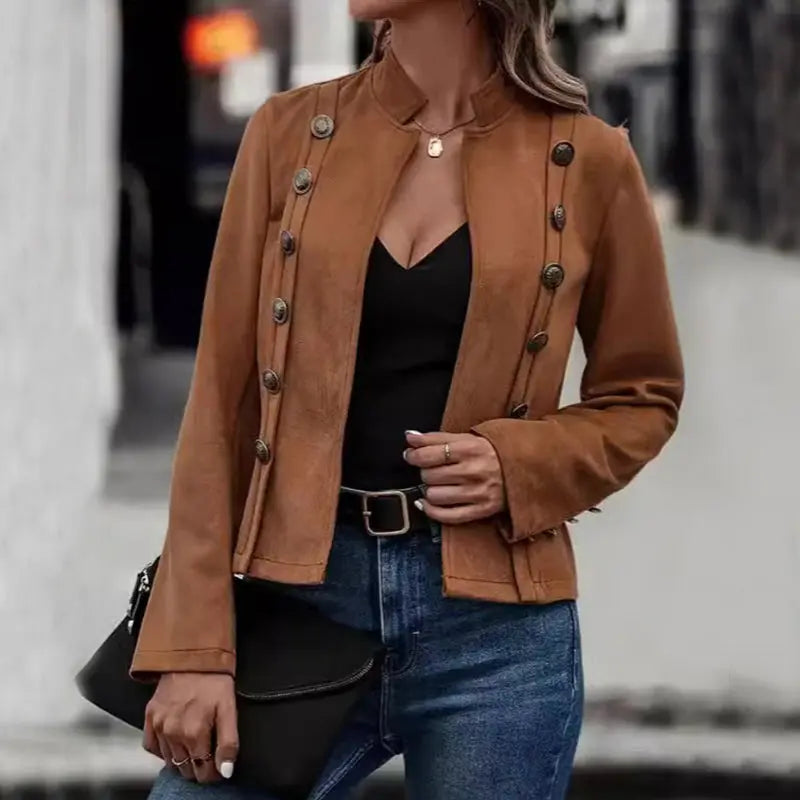 Solid Short Jacket Double Breasted Decorative Design Fashion Retro Suede Long Sleeve Outwear Tops Coat For Womens Clothing - Pre2brand