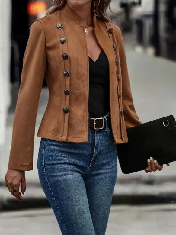 Solid Short Jacket Double Breasted Decorative Design Fashion Retro Suede Long Sleeve Outwear Tops Coat For Womens Clothing - Pre2brand