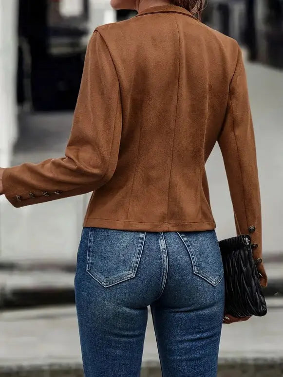 Solid Short Jacket Double Breasted Decorative Design Fashion Retro Suede Long Sleeve Outwear Tops Coat For Womens Clothing - Pre2brand