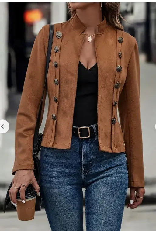 Solid Short Jacket Double Breasted Decorative Design Fashion Retro Suede Long Sleeve Outwear Tops Coat For Womens Clothing - Pre2brand