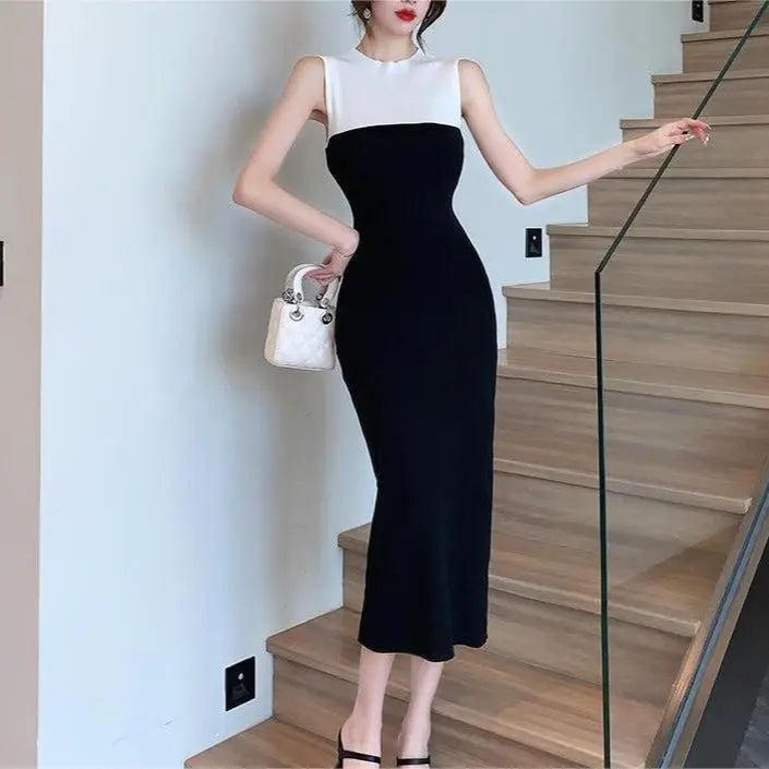 Split French Style Temperament Sheath Dress  Pre2brand Black-And-White-Patchwork-L