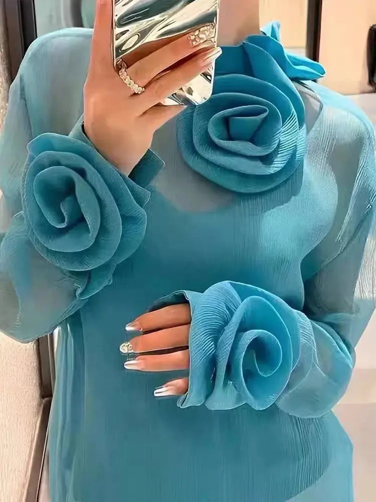 Spring Summer 2024 New Top For Women Two Pieces Design Three-dimensional Flowers Transparent Thin Chiffon Shirt Long Sleeve 4390  Pre2brand