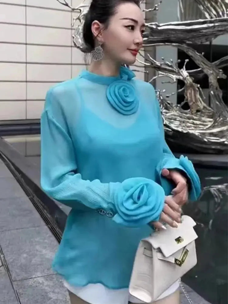 Spring Summer 2024 New Top For Women Two Pieces Design Three-dimensional Flowers Transparent Thin Chiffon Shirt Long Sleeve 4390  Pre2brand