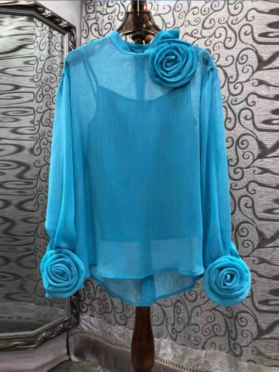 Spring Summer 2024 New Top For Women Two Pieces Design Three-dimensional Flowers Transparent Thin Chiffon Shirt Long Sleeve 4390  Pre2brand M-50-55KG-Blue-with-white-vest