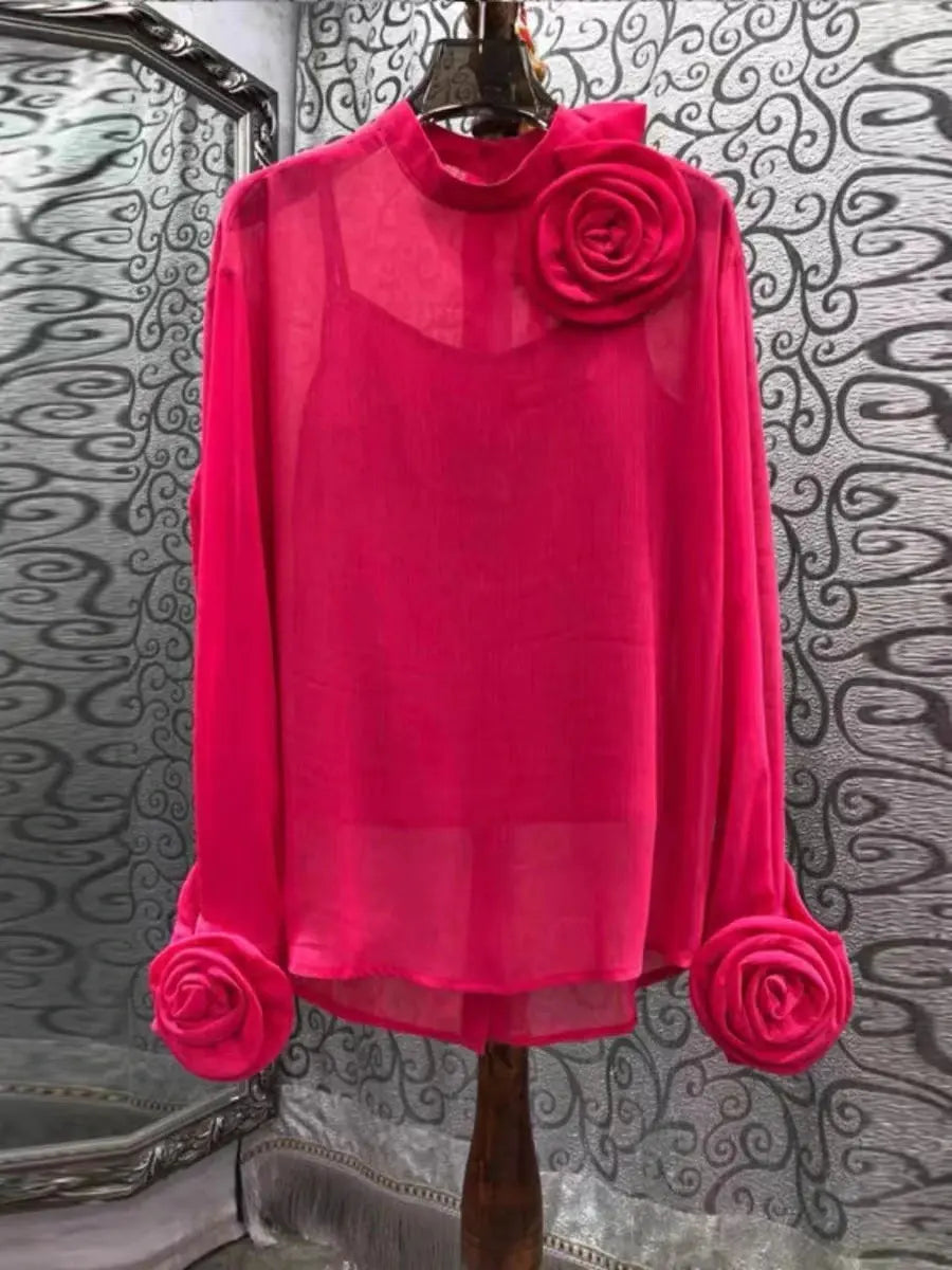 Spring Summer 2024 New Top For Women Two Pieces Design Three-dimensional Flowers Transparent Thin Chiffon Shirt Long Sleeve 4390  Pre2brand M-50-55KG-Rosepink-white-vest