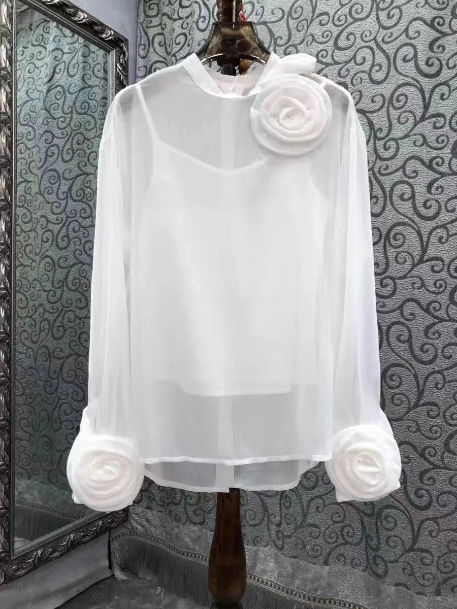 Spring Summer 2024 New Top For Women Two Pieces Design Three-dimensional Flowers Transparent Thin Chiffon Shirt Long Sleeve 4390  Pre2brand M-50-55KG-White-with-whitevest