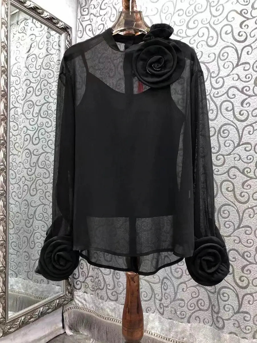 Spring Summer 2024 New Top For Women Two Pieces Design Three-dimensional Flowers Transparent Thin Chiffon Shirt Long Sleeve 4390  Pre2brand M-50-55KG-Black-with-blackvest