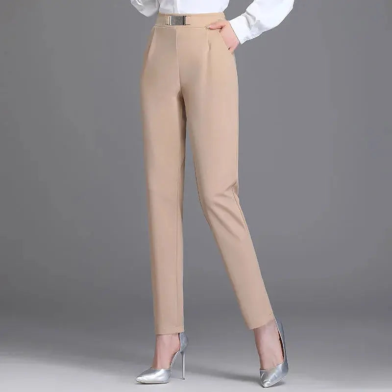 Spring Women High Waist Solid Elegant Ankle-Length Pants Office Ladies Skinny Chic Trousers Female Casual Fashion Pant  Pre2brand 3XL-70-80kg-khaki-CHINA