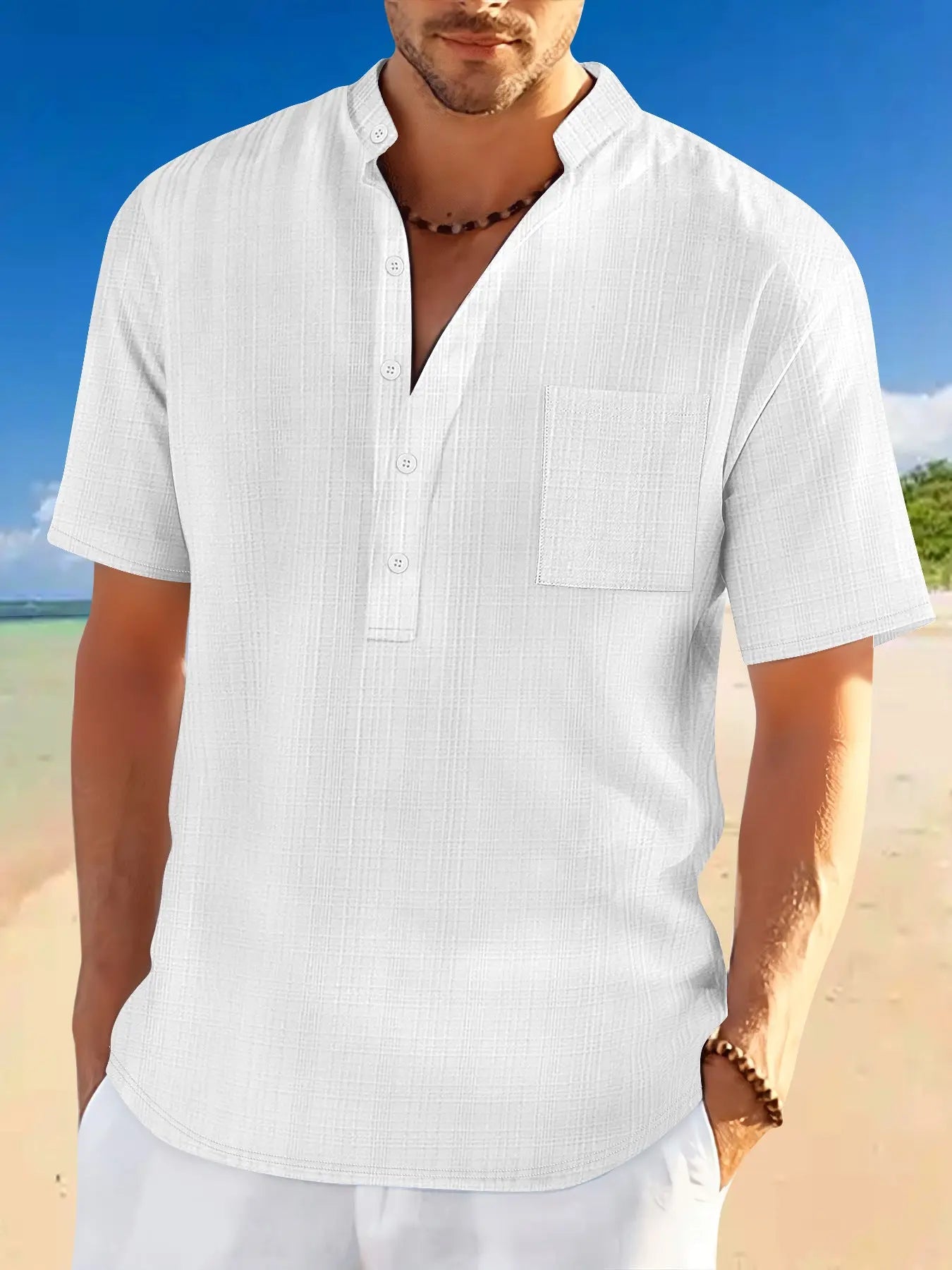 Stand Collar Short Sleeve Loose Leisure Vacation Henley Shirt  Pre2brand