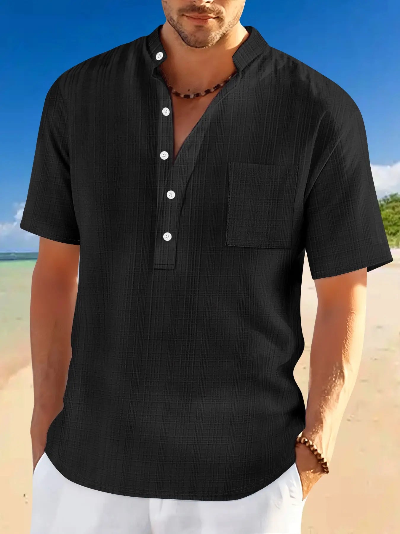 Stand Collar Short Sleeve Loose Leisure Vacation Henley Shirt  Pre2brand