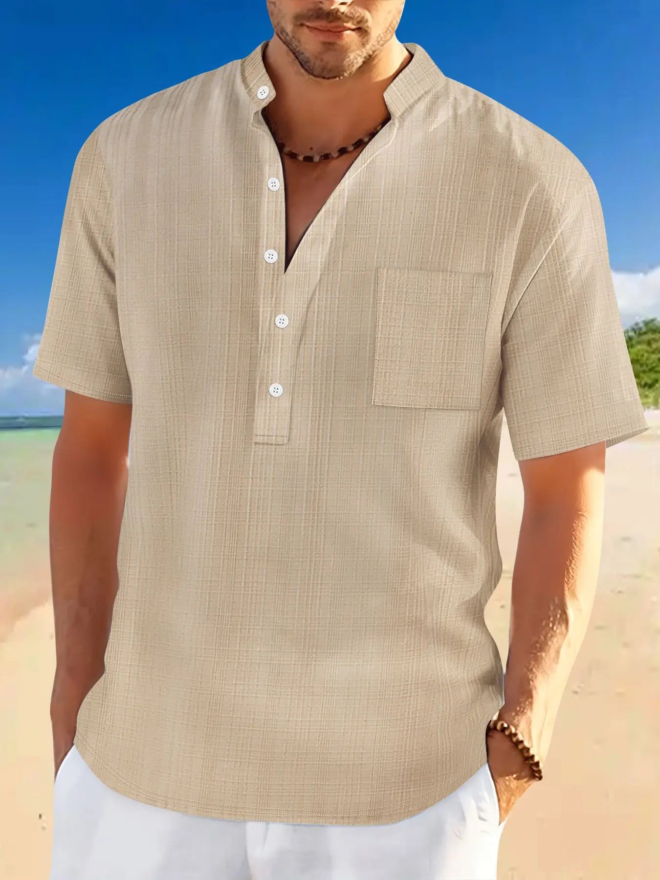Stand Collar Short Sleeve Loose Leisure Vacation Henley Shirt  Pre2brand