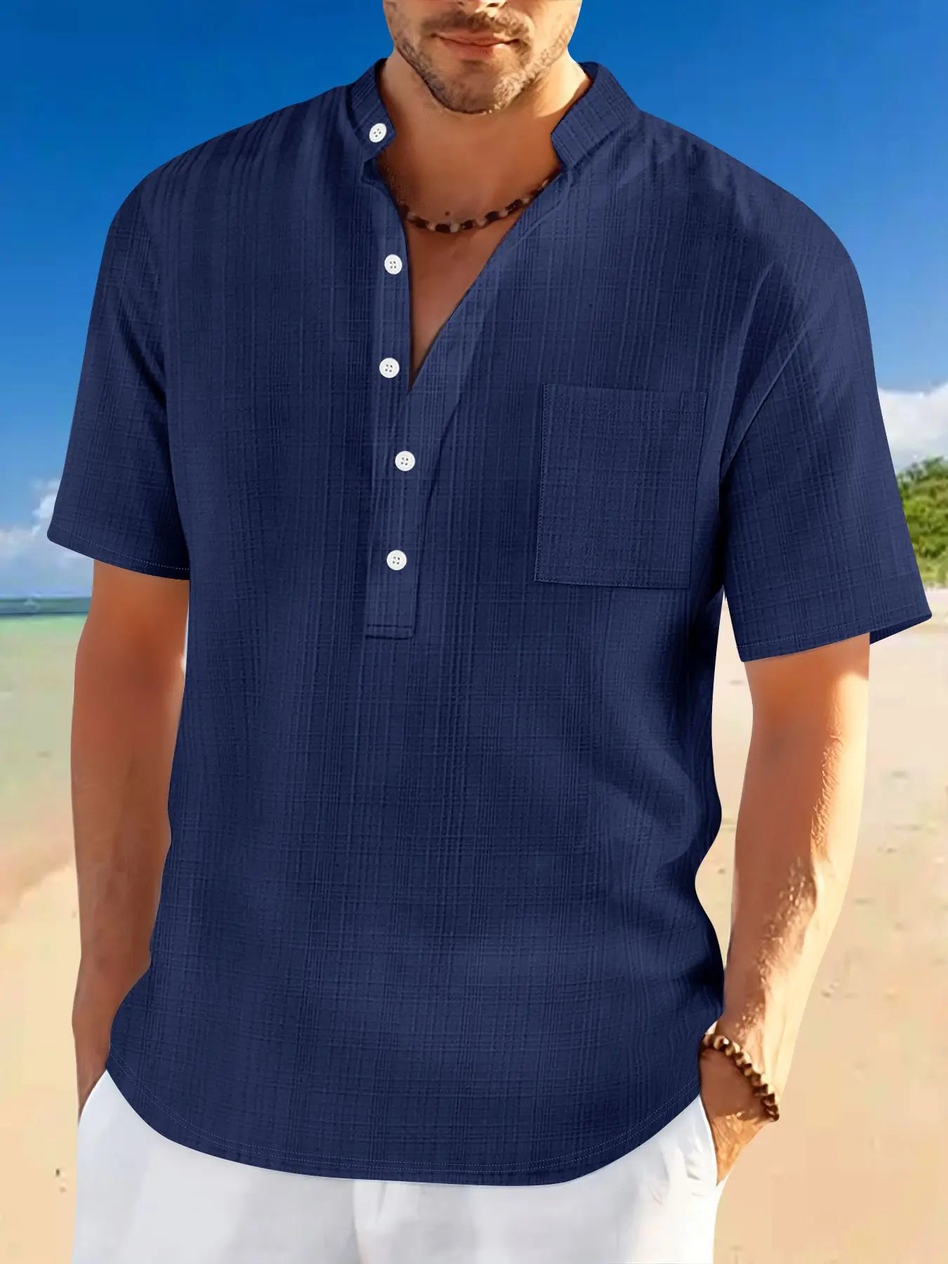 Stand Collar Short Sleeve Loose Leisure Vacation Henley Shirt  Pre2brand