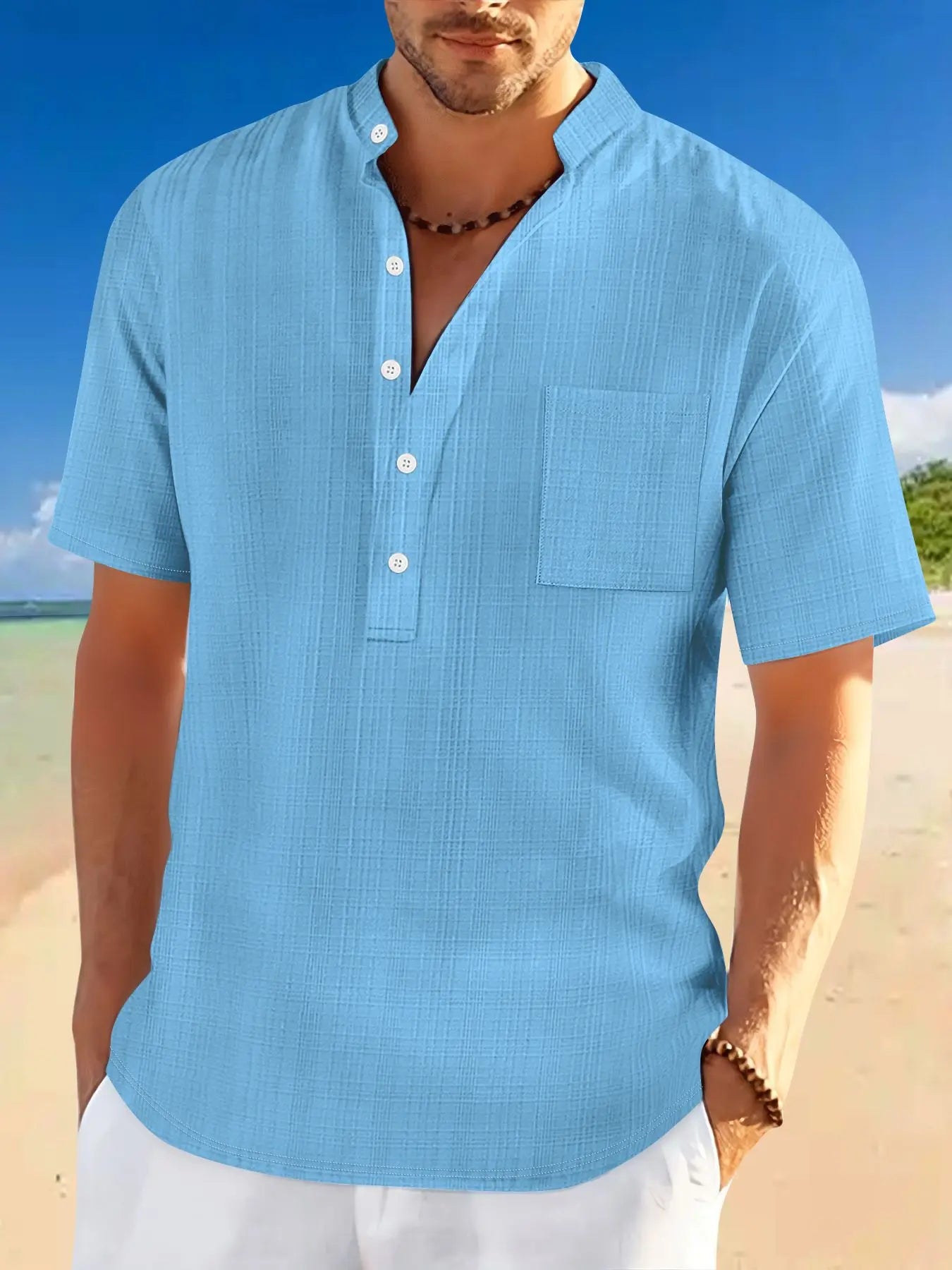 Stand Collar Short Sleeve Loose Leisure Vacation Henley Shirt  Pre2brand