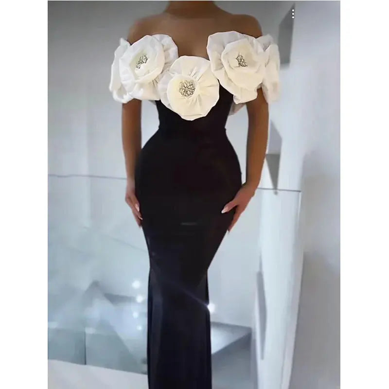 Stereoscopic White Flowers Sexy Off The Shoulder Ankle Lenght Bandage Dress Woman Birthday Party Vestido Wedding Party Outfit  Pre2brand