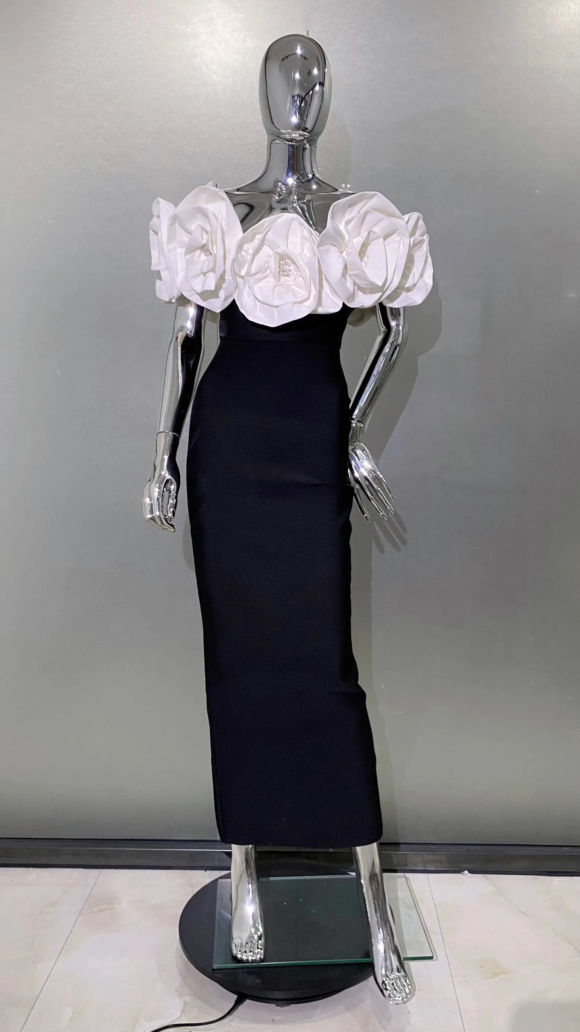 Stereoscopic White Flowers Sexy Off The Shoulder Ankle Lenght Bandage Dress Woman Birthday Party Vestido Wedding Party Outfit  Pre2brand XS-White-Flower