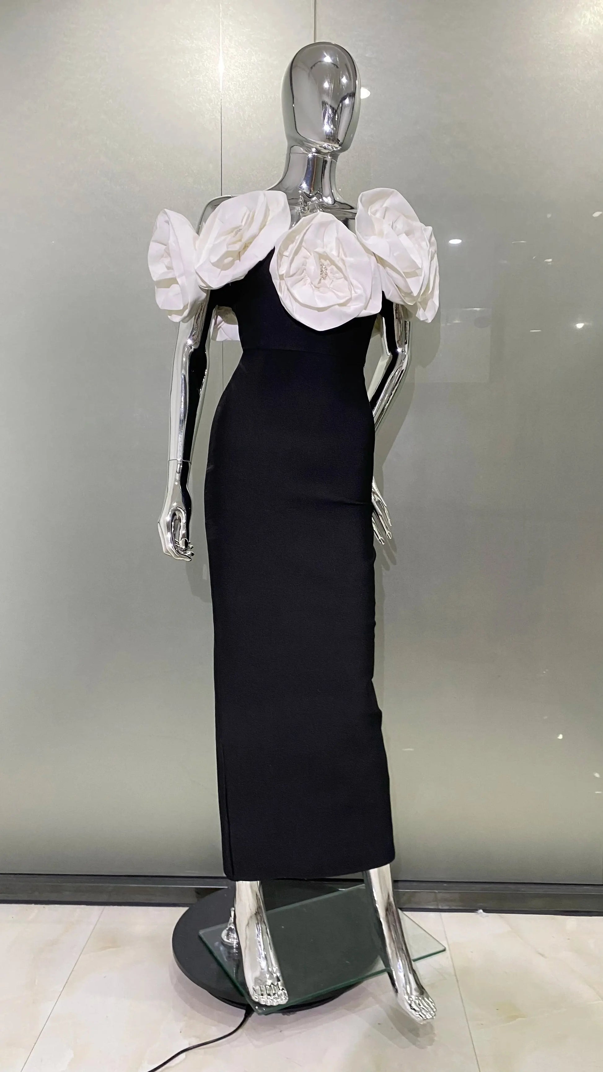Stereoscopic White Flowers Sexy Off The Shoulder Ankle Lenght Bandage Dress Woman Birthday Party Vestido Wedding Party Outfit  Pre2brand