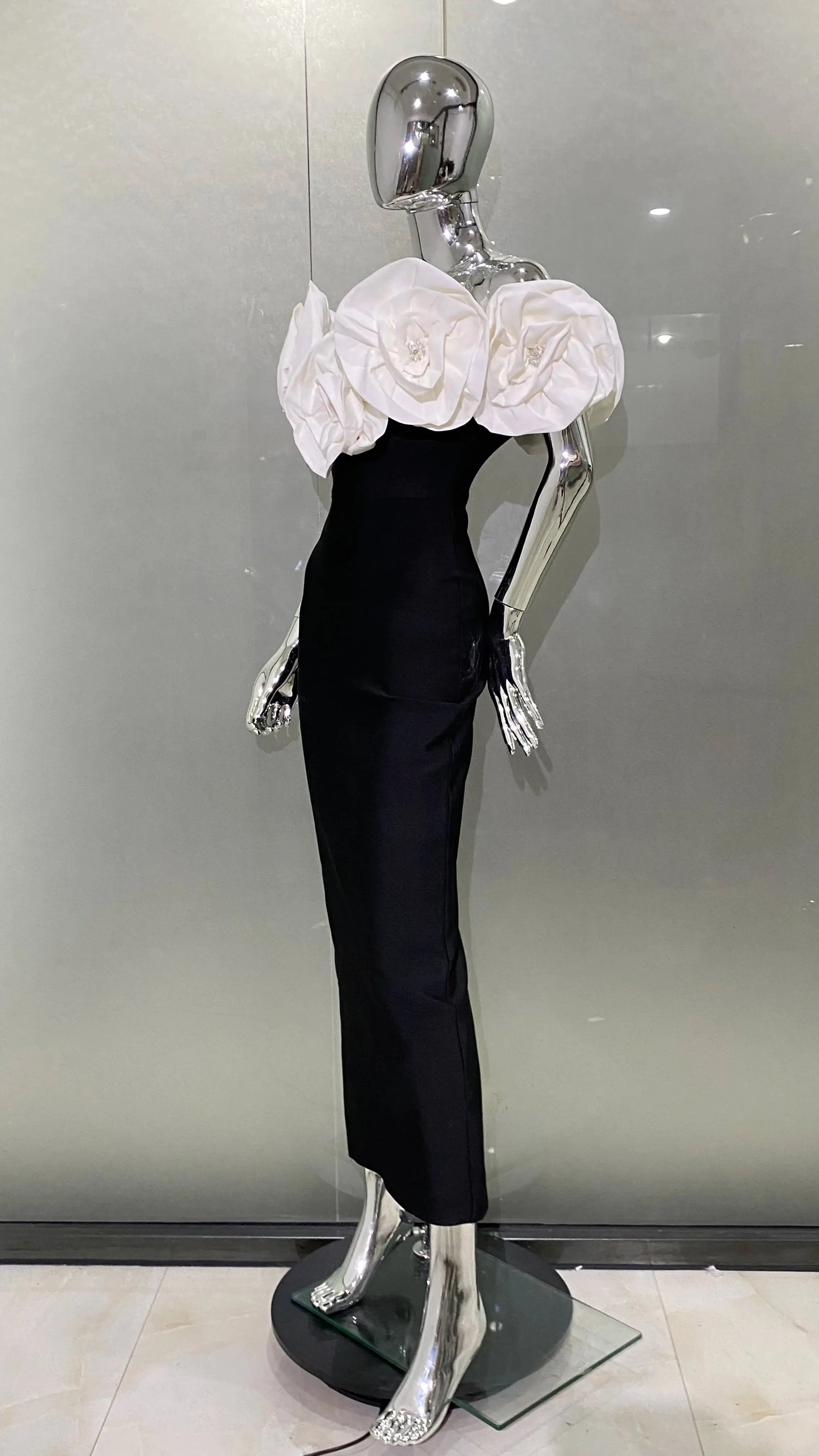 Stereoscopic White Flowers Sexy Off The Shoulder Ankle Lenght Bandage Dress Woman Birthday Party Vestido Wedding Party Outfit  Pre2brand
