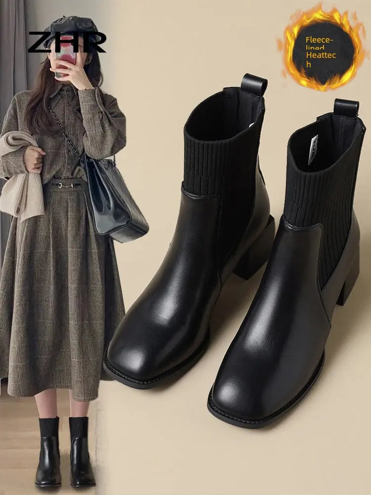 Stretch Thin Boots Women's Fall and Winter Fleece-lined 2024 New Arrival British Style Ankle Boots Women's Women's Chelsea Boots Boots  Pre2brand