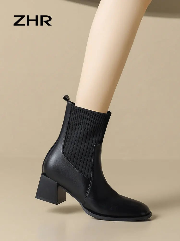 Stretch Thin Boots Women's Fall and Winter Fleece-lined 2024 New Arrival British Style Ankle Boots Women's Women's Chelsea Boots Boots  Pre2brand