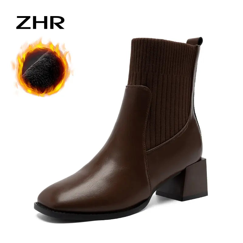 Stretch Thin Boots Women's Fall and Winter Fleece-lined 2024 New Arrival British Style Ankle Boots Women's Women's Chelsea Boots Boots  Pre2brand EUR40-BLT201A-Brown-heel-height-5cm-Fleece-lined-p